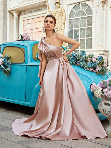 Champagne Asymmetrical Neckline Thigh-High Split Taffeta Cocktail Dress