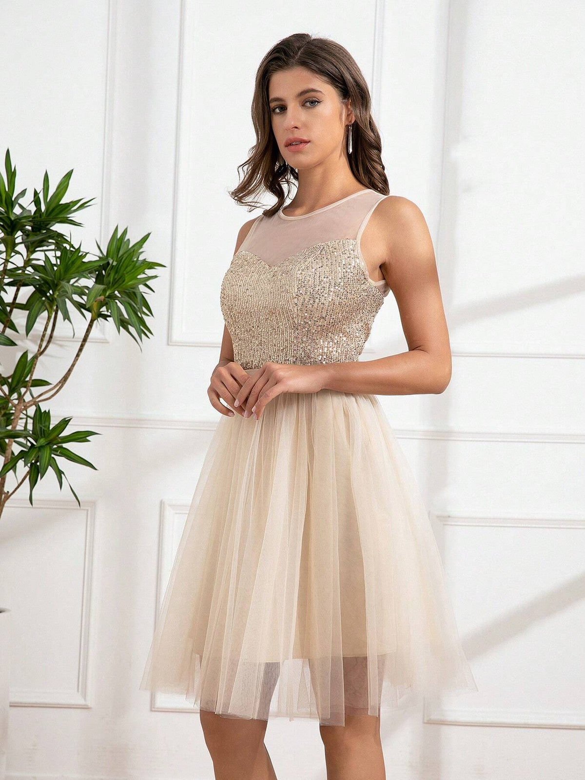 Champagne Mesh Patchwork Round Neck Sleeveless Party Dress