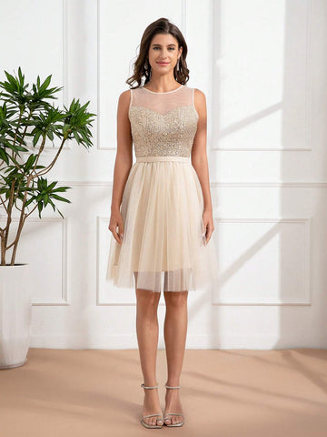 Champagne Mesh Patchwork Round Neck Sleeveless Party Dress