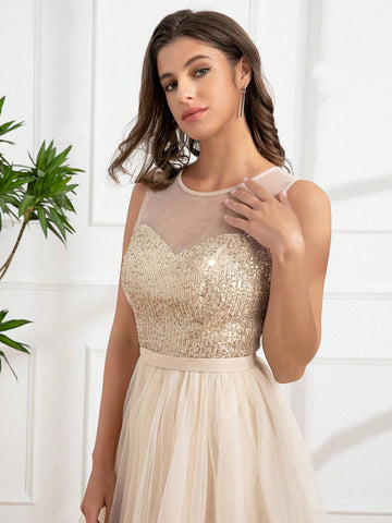 Champagne Mesh Patchwork Round Neck Sleeveless Party Dress