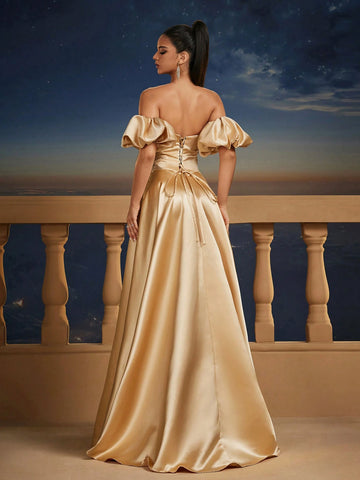 Champagne Satin Puff Sleeve Ball Gown Dresses For Women, Romantic Princess Bridesmaid Dress