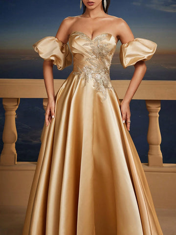 Champagne Satin Puff Sleeve Ball Gown Dresses For Women, Romantic Princess Bridesmaid Dress