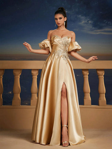 Champagne Satin Puff Sleeve Ball Gown Dresses For Women, Romantic Princess Bridesmaid Dress