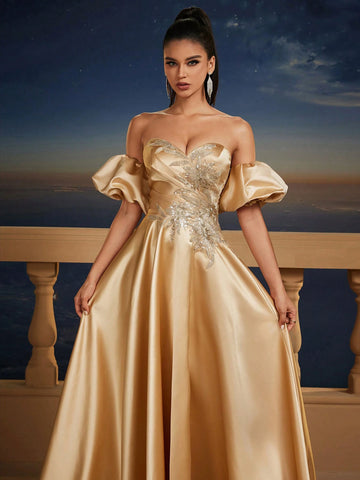 Champagne Satin Puff Sleeve Ball Gown Dresses For Women, Romantic Princess Bridesmaid Dress