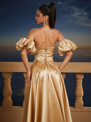 Champagne Satin Puff Sleeve Ball Gown Dresses For Women, Romantic Princess Bridesmaid Dress
