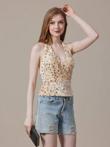 Champagne Sequin Halter Top With Open Back For Summer