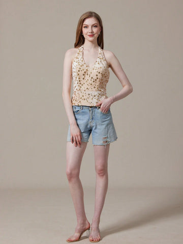 Champagne Sequin Halter Top With Open Back For Summer
