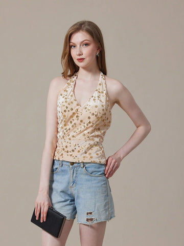 Champagne Sequin Halter Top With Open Back For Summer