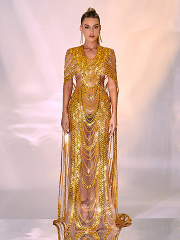 Chana Sequin Crystal Mesh Maxi Dress