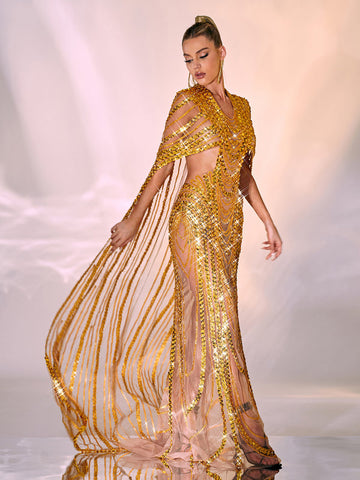 Chana Sequin Crystal Mesh Maxi Dress