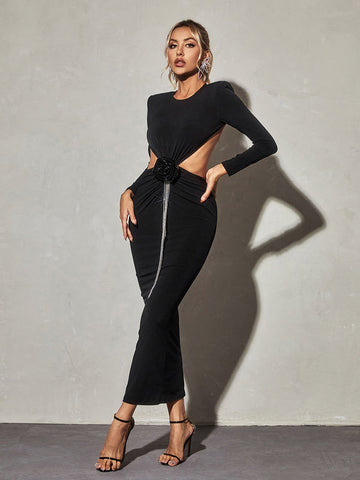 Chandani Long Sleeve Flower Fringe Midi Dress