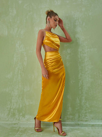 Chara One Shoulder Cutout Maxi Dress In Gold