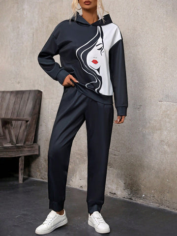 Character Print Drop Shoulder Hoodie And Sweatpants