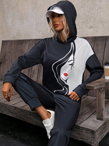 Character Print Drop Shoulder Hoodie And Sweatpants