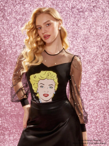 Character Print Patchwork Mesh Pearl Decoration Bodysuit