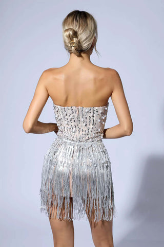 Charli Silver Pearl Sequin Tassel Mini Dress