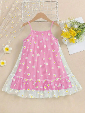 Charming Girls Pale Blue Daisy Mesh Layered Dress