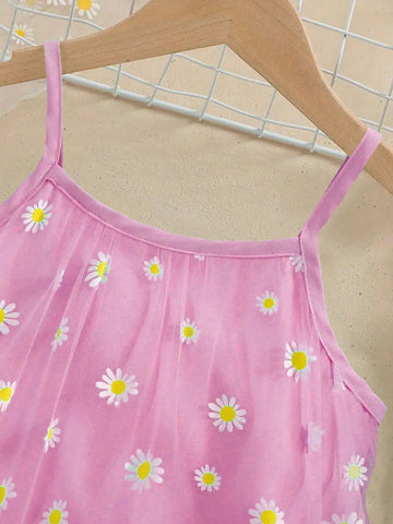 Charming Girls Pale Blue Daisy Mesh Layered Dress