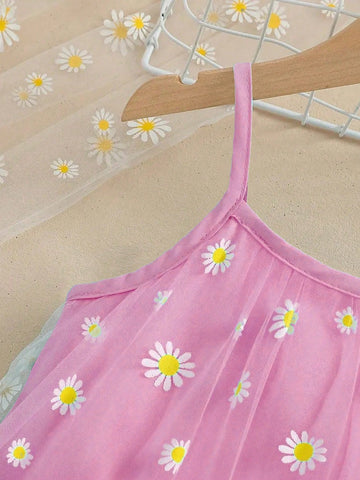 Charming Girls Pale Blue Daisy Mesh Layered Dress