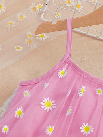 Charming Girls Pale Blue Daisy Mesh Layered Dress