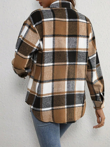 Charming Plaid Print Women Shirt Jacket - Button Collar, Long Sleeve, Suitable For Spring & Autumn - Versatile Casual Wear,