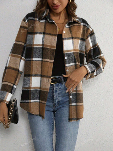 Charming Plaid Print Women Shirt Jacket - Button Collar, Long Sleeve, Suitable For Spring & Autumn - Versatile Casual Wear,