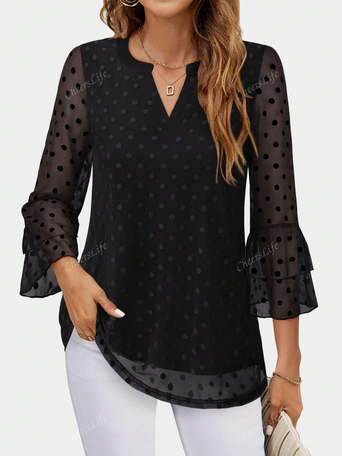 CheersLife Women Blouses Dressy Casual 3/4 Tiered Bell Sleeve Tops Double Layered Mesh V Neck Shirts