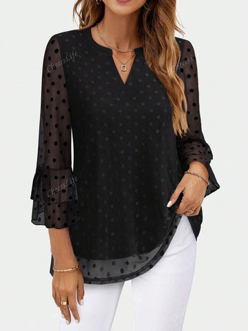 CheersLife Women Blouses Dressy Casual 3/4 Tiered Bell Sleeve Tops Double Layered Mesh V Neck Shirts
