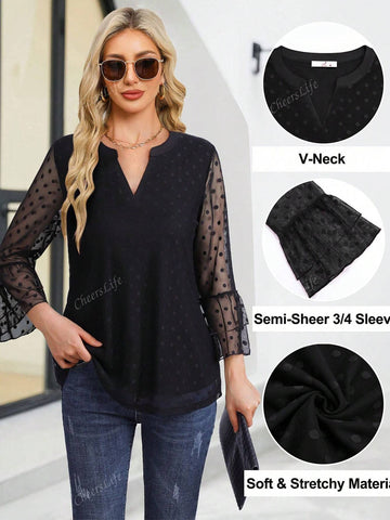 CheersLife Women Blouses Dressy Casual 3/4 Tiered Bell Sleeve Tops Double Layered Mesh V Neck Shirts