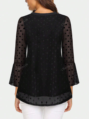 CheersLife Women Blouses Dressy Casual 3/4 Tiered Bell Sleeve Tops Double Layered Mesh V Neck Shirts