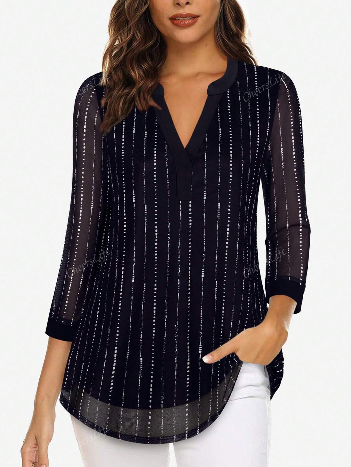 Women's 3/4 Sleeve Blouses Casual V Neck Dress Shirts Double Layers Mesh Tunics Tops