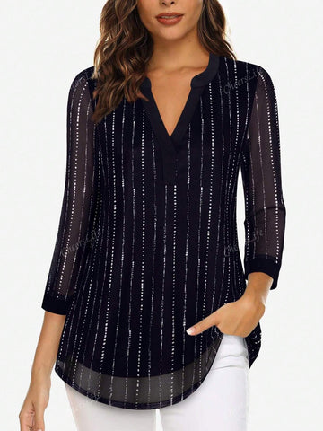 Women's 3/4 Sleeve Blouses Casual V Neck Dress Shirts Double Layers Mesh Tunics Tops