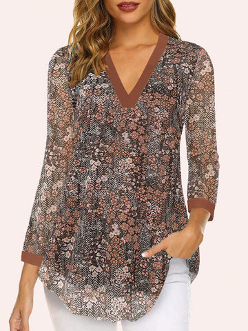 Women's 3/4 Sleeve Blouses Casual V Neck Dress Shirts Double Layers Mesh Tunics Tops