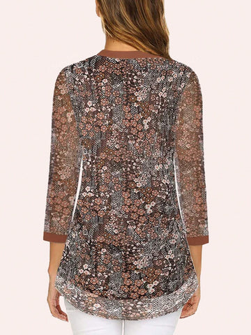 Women's 3/4 Sleeve Blouses Casual V Neck Dress Shirts Double Layers Mesh Tunics Tops