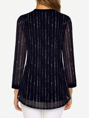 Women's 3/4 Sleeve Blouses Casual V Neck Dress Shirts Double Layers Mesh Tunics Tops