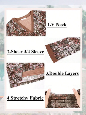 Women's 3/4 Sleeve Blouses Casual V Neck Dress Shirts Double Layers Mesh Tunics Tops