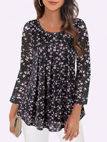 Women's 3/4 Sleeve Tunic Tops Casual Loose Fit Floral Blouses Mesh Pleated Layered Shirt
