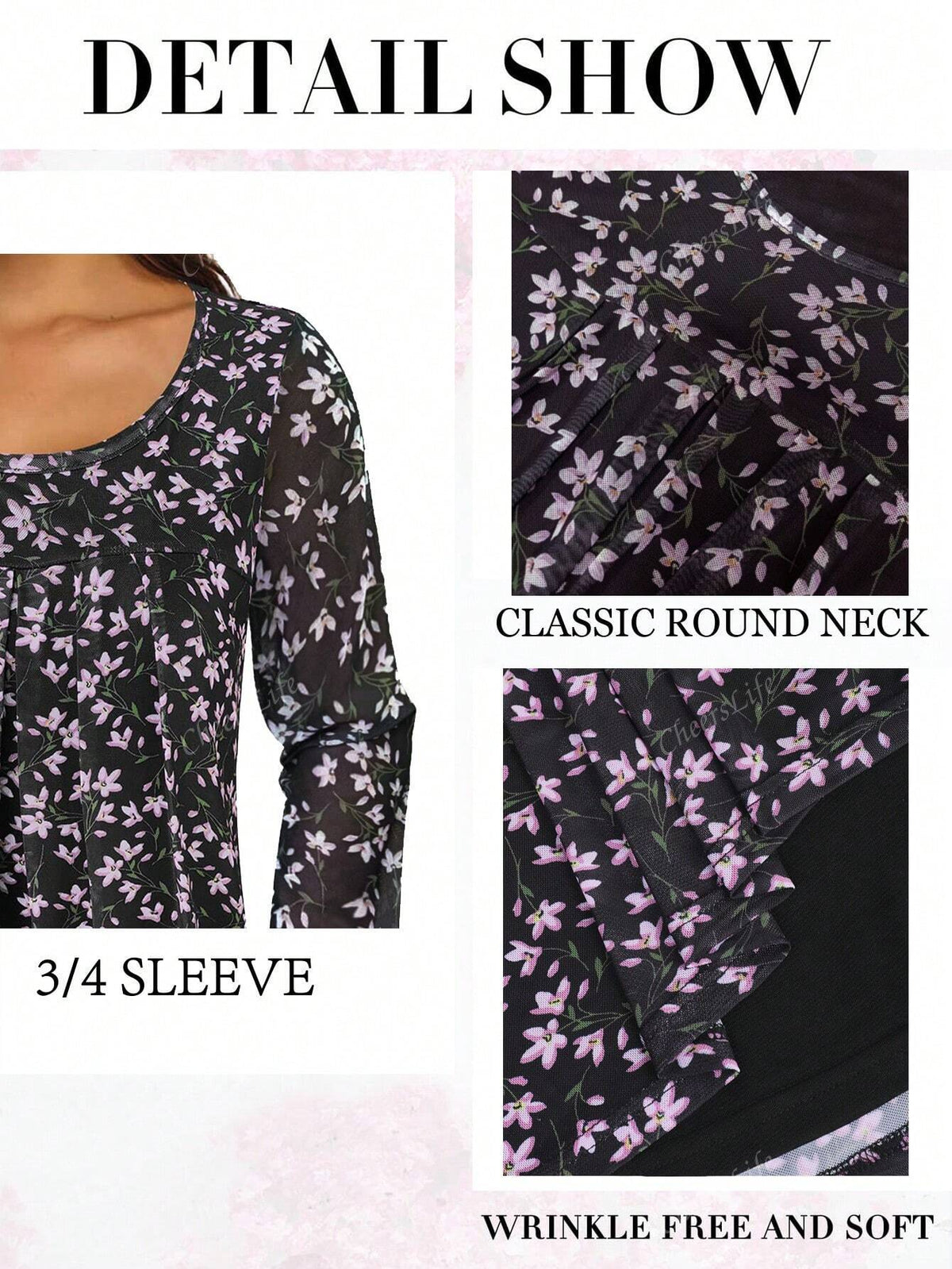 Women's 3/4 Sleeve Tunic Tops Casual Loose Fit Floral Blouses Mesh Pleated Layered Shirt