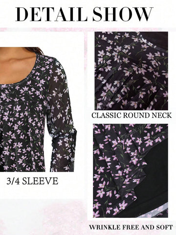 Women's 3/4 Sleeve Tunic Tops Casual Loose Fit Floral Blouses Mesh Pleated Layered Shirt