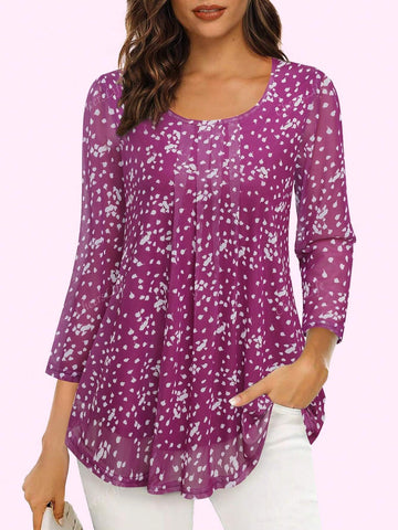 CheersLife Women's Casual 3/4 Sleeve Tunic Tops Floral Double Layers Blouses Loose Fit Pleated Mesh Shirts