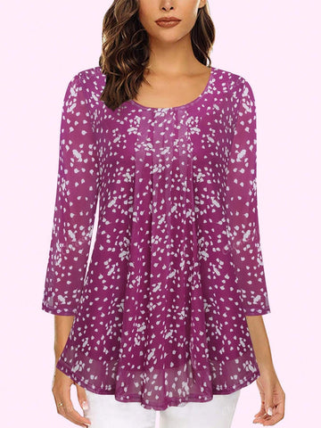 CheersLife Women's Casual 3/4 Sleeve Tunic Tops Floral Double Layers Blouses Loose Fit Pleated Mesh Shirts