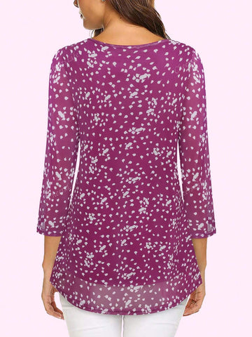 CheersLife Women's Casual 3/4 Sleeve Tunic Tops Floral Double Layers Blouses Loose Fit Pleated Mesh Shirts