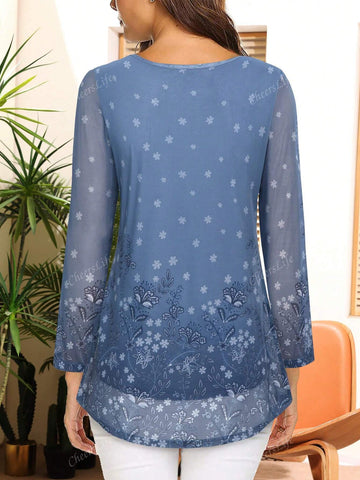 CheersLife Women's Casual Long Sleeve Tunic Tops Floral Double Layers Blouses Loose Fit Pleated Mesh Shirts