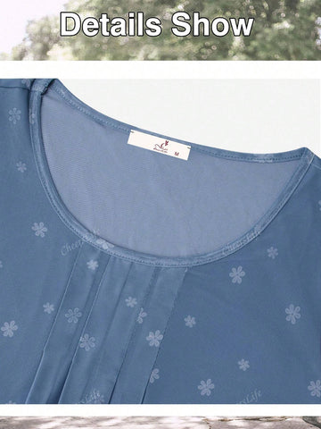 CheersLife Women's Casual Long Sleeve Tunic Tops Floral Double Layers Blouses Loose Fit Pleated Mesh Shirts