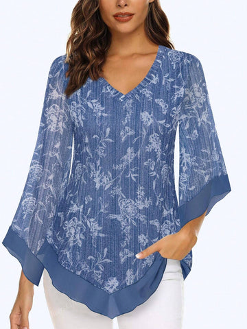 CheersLife Womens Dressy Blouse Double Layers Mesh Shirt Long Flared Sleeve Tunic Tops