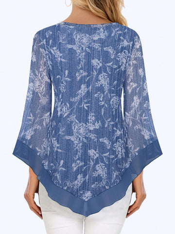 CheersLife Womens Dressy Blouse Double Layers Mesh Shirt Long Flared Sleeve Tunic Tops