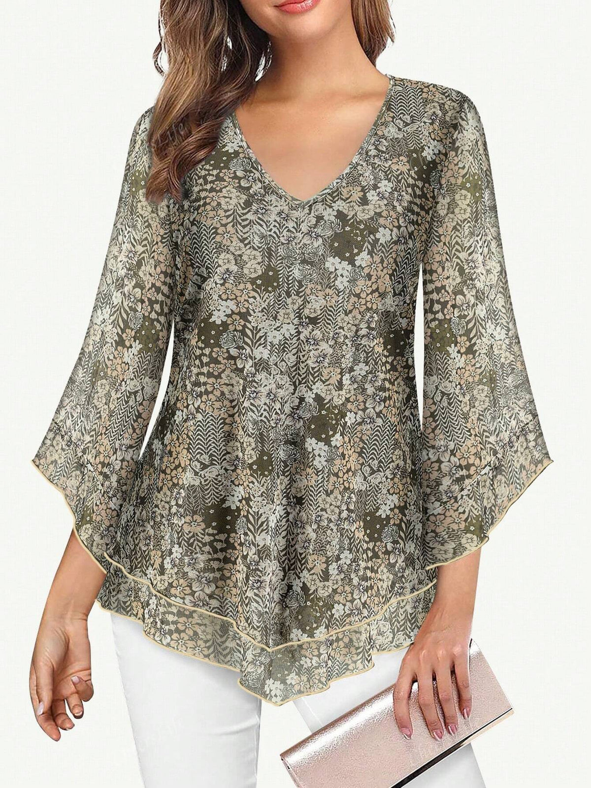 CheersLife Womens Dressy Blouse V Neck Double Layers Elastic Mesh Casual Flowy Work Shirts Ruffle 3/4 Flared Sleeve Tunic Tops