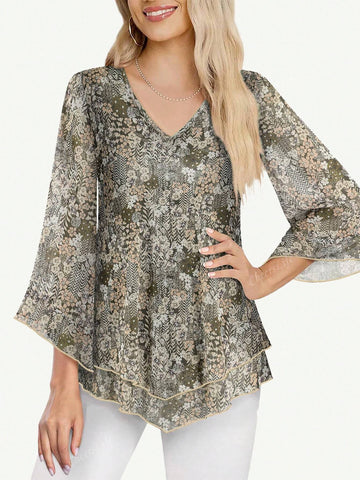 CheersLife Womens Dressy Blouse V Neck Double Layers Elastic Mesh Casual Flowy Work Shirts Ruffle 3/4 Flared Sleeve Tunic Tops