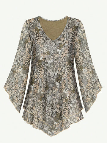 CheersLife Womens Dressy Blouse V Neck Double Layers Elastic Mesh Casual Flowy Work Shirts Ruffle 3/4 Flared Sleeve Tunic Tops