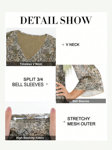 CheersLife Womens Dressy Blouse V Neck Double Layers Elastic Mesh Casual Flowy Work Shirts Ruffle 3/4 Flared Sleeve Tunic Tops